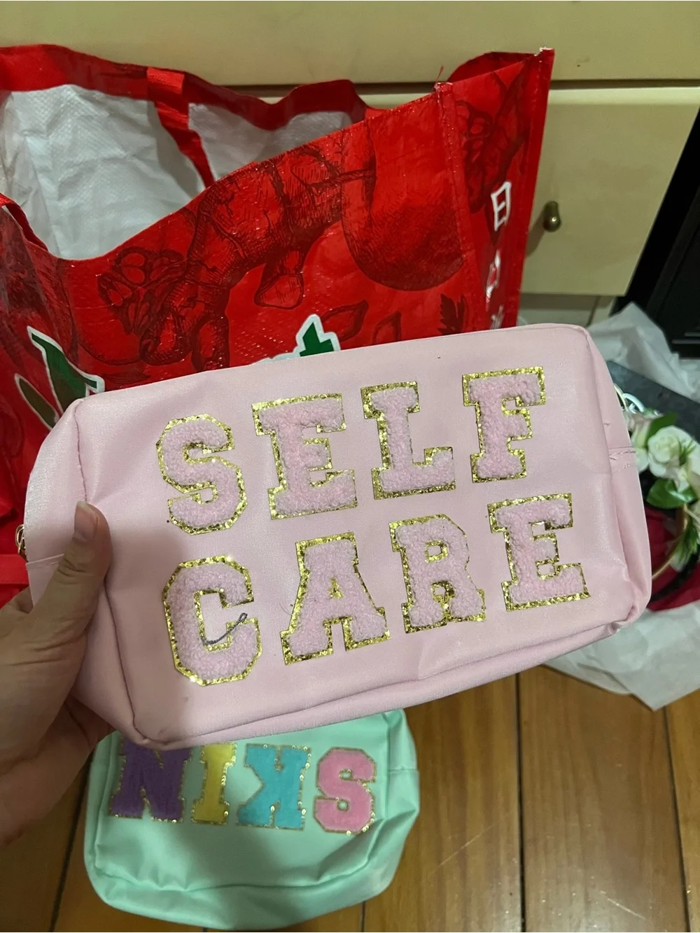 Pink 'SELF CARE' Cosmetic Pouch & Mint 'SKIN' Bag Duo
